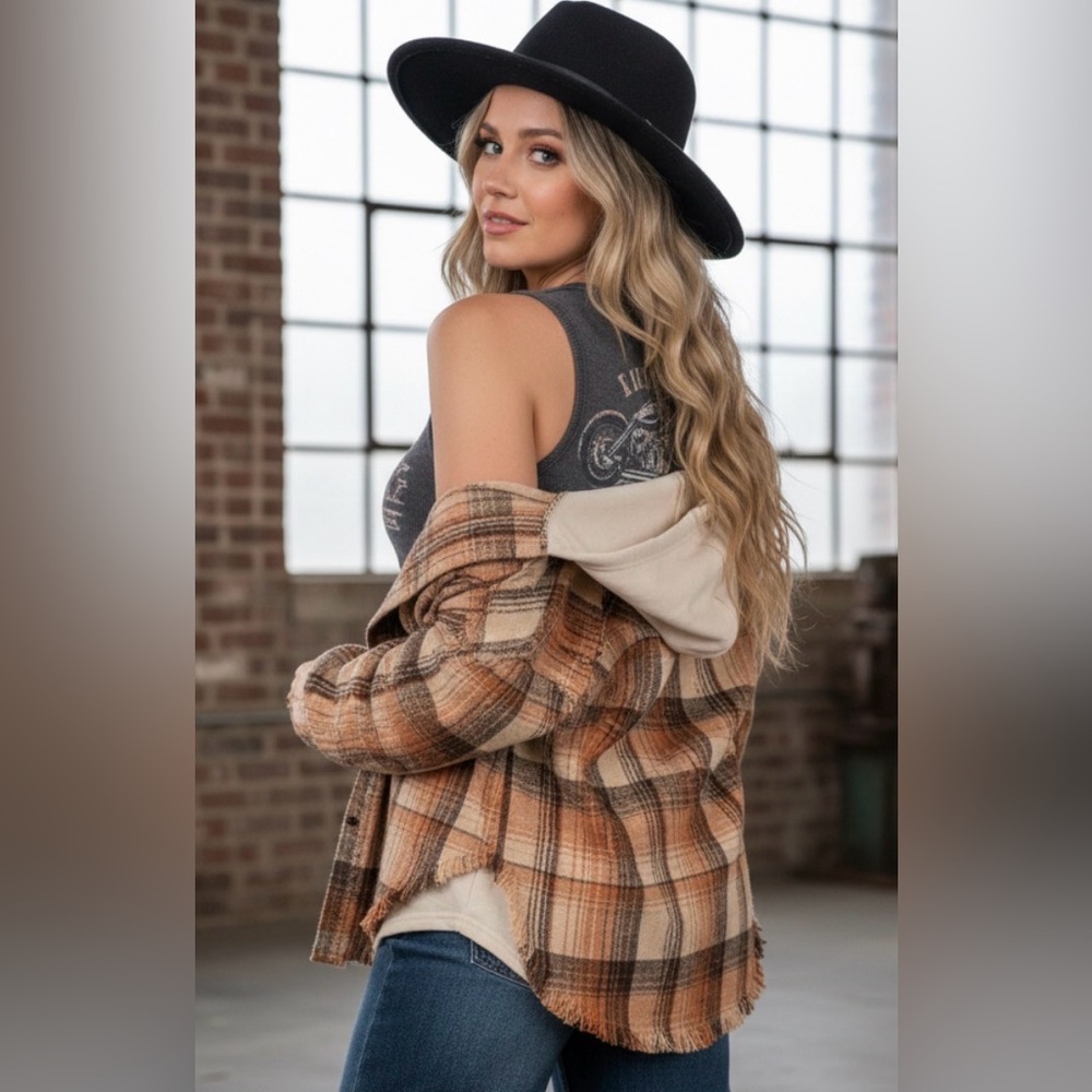 NWT Very J Plaid Distressed Layered Flannel Hoodie Button Down Hooded Shacket - Picture 3 of 7